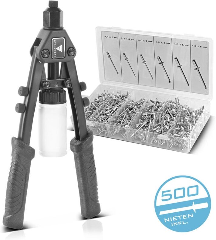STAHLWERK Nietzangen Set Blindnietzange Hebelnietzange Popnietzange + 500 Nieten