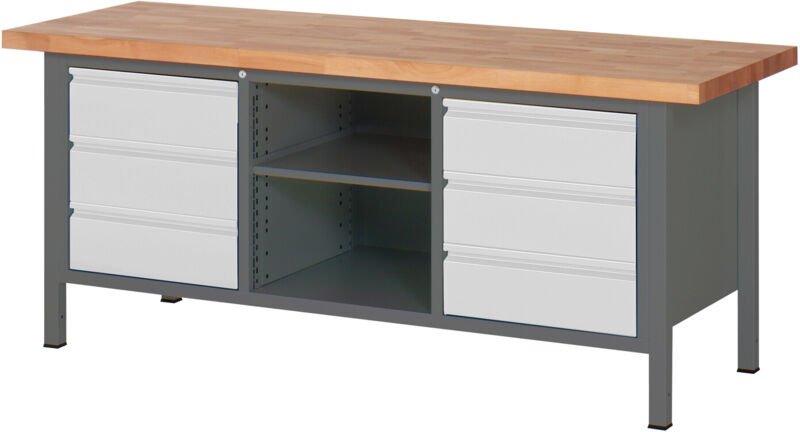 Höhenverstellbare Werkbank Premium mit 6 Schubladen und einem offenen Fach BxTxH 2000x700x840-1040mm - Stier