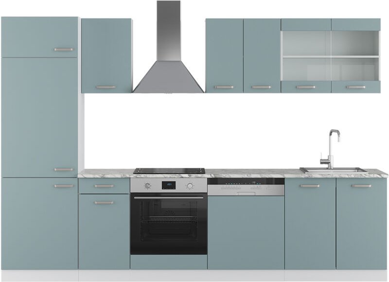 Küchenzeile R-Line, Blau-Grau, 300 cm , AP Marmor, Vicco