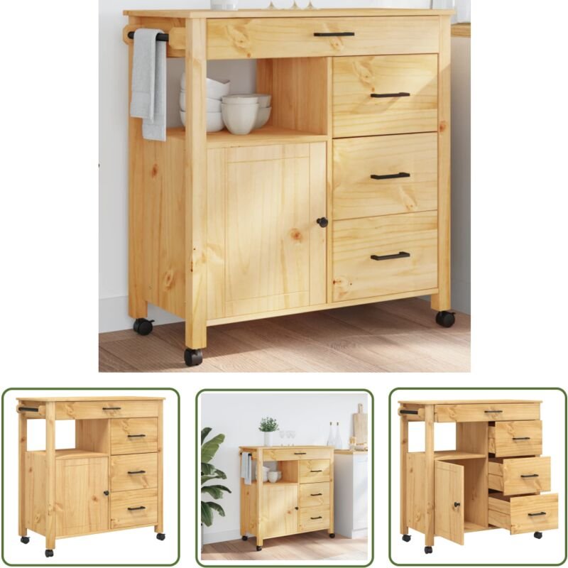 The Living Store Küchenwagen MONZA 84x40x90 cm Massivholz Kiefer - Holz Küchenwagen - Küchenschrank - Vintage Stil - Küc...