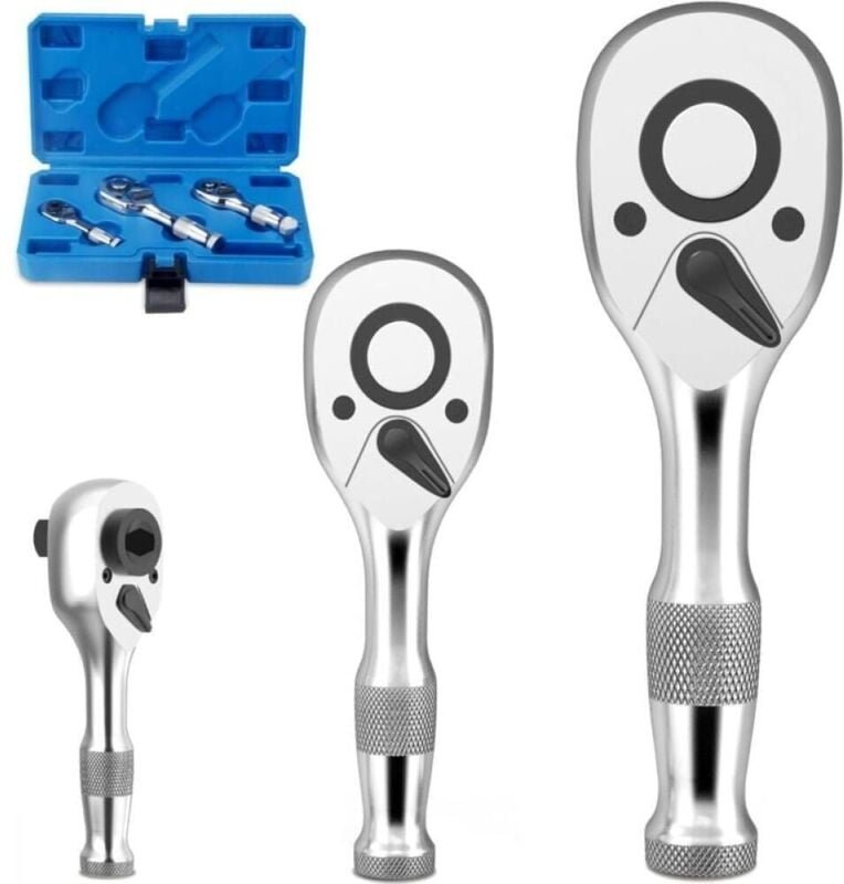 3-tlg. umschaltbarer Mini-Ratschensatz 1/4'-3/8'-1/2', 72 Zähne Ratschenschlüssel Cr-V Stahl