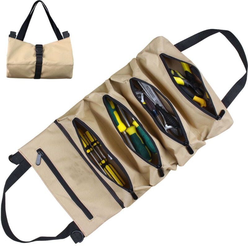 Thumbnail - Khaki) Werkzeugtasche auf Rollen, Canvas-Werkzeugtasche für Schraubenschlüssel, Mehrzweck-Rolltasche mit 5 Reißverschlus...
