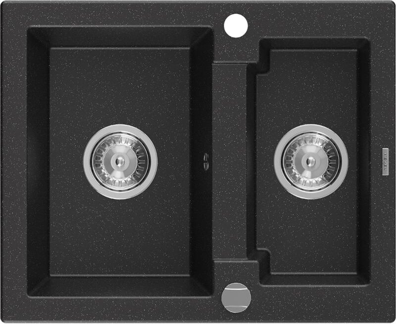 Carlos 1,5-Becken-Granitspüle 582 x 475 mm, Schwarz/Silbermetallic, Siphon chrom - 6518581500- - Mexen