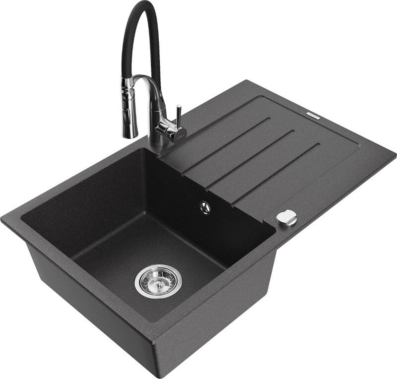 Bruno 1 Becken-Granitspüle mit Abtropffl√§che und Mischbatterie Aster, Schwarz gesprenkelt - 6513-76-73450-07 - Mexen