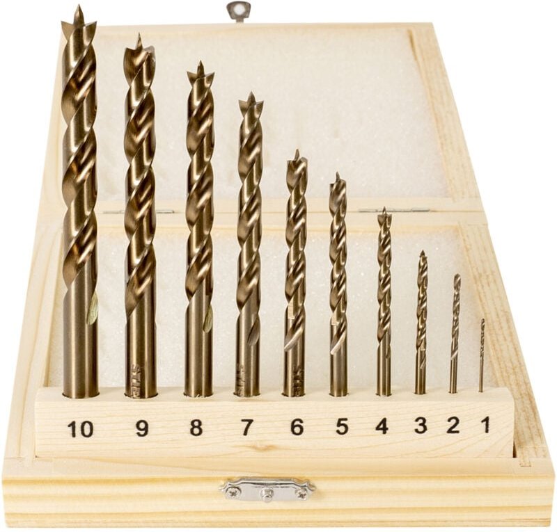 Thumbnail - Holzbohrer-Set hss Cobalt 10-teilig, Alle Größen von 1 bis 10 mm, High Speed Steel, mit Zentrierspitze, in praktischer H...