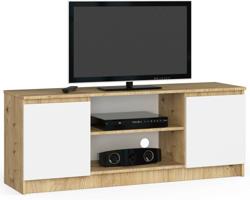 Tv Schrank Akord Fernsehkommode 140 cm Eiche Artisan 2 Türen 2 Ebenen Front Weiß B140 x H55 x T40 cm