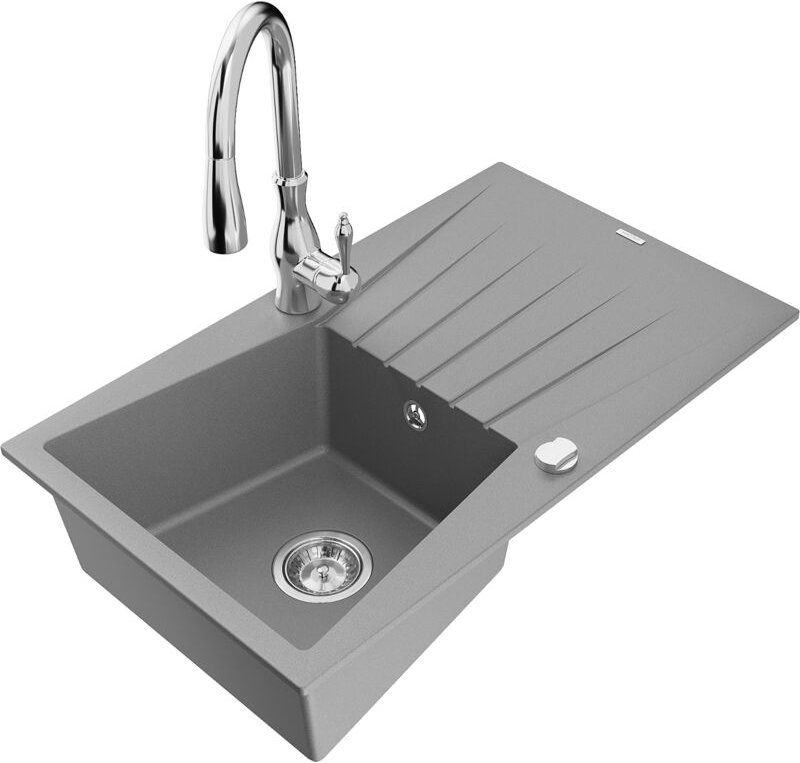 Cesar 1 Becken-Granitspüle mit Abtropffläche und Mischbatterie Savita, Grau - 6514-71-672601-0 - Mexen