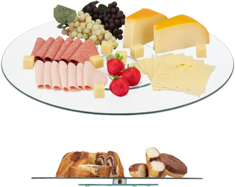 Relaxdays - 2 x Servierplatte xl, 360° drehbar, Käse, Snacks, Kuchen, rund, ∅ 45 cm, Glas Tortenplatte, transparent/silb...