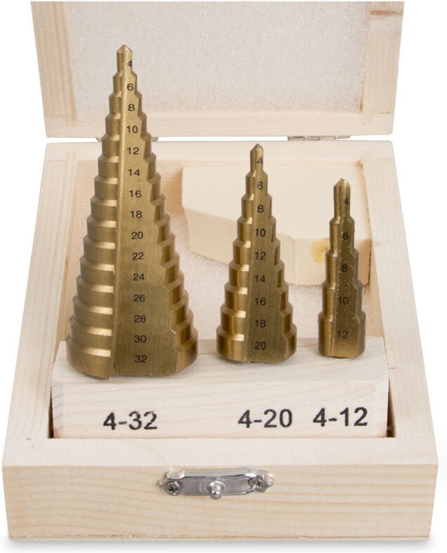GEKO STUFENBOHRER 3-teilig 4-32mm, IN HOLZKISTE