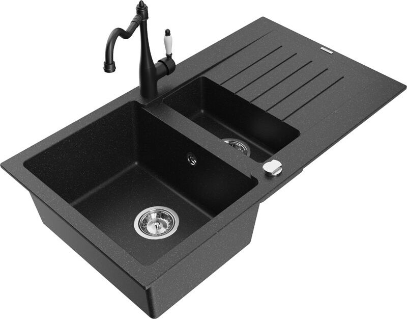 Mexen Matias 1,5-Becken-Granitspüle mit Abtropffläche und Mischbatterie Carla Schwarz/Silbermetallic