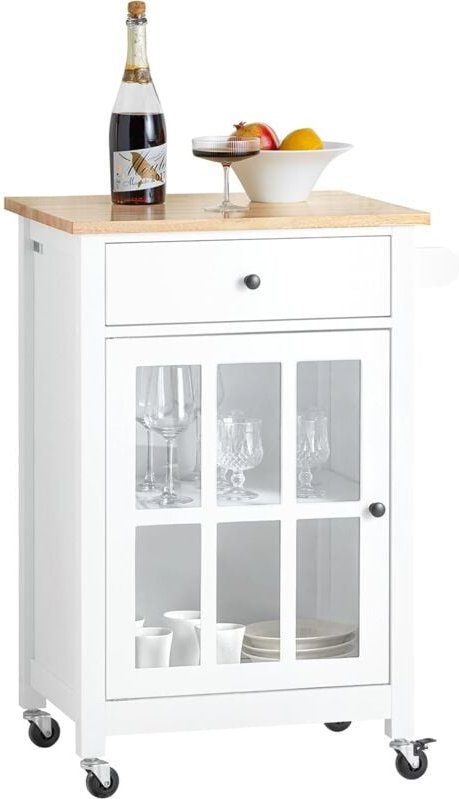 SoBuy FKW98-WN Küchenwagen mit 1 Tür und Schublade Servierwagen mit Arbeitsplatte aus Kautschukholz Beistellwagen Rollwa...