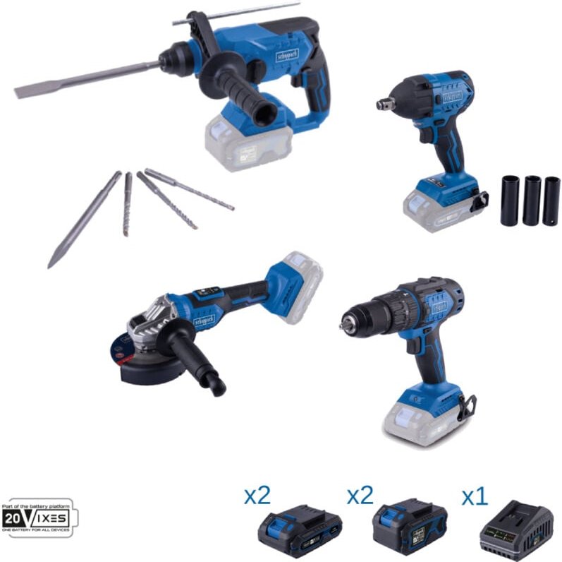 Scheppach - Set mit 4 Elektrowerkzeugen 20V Serie ixes mit 4 Akkus und Ladegerat