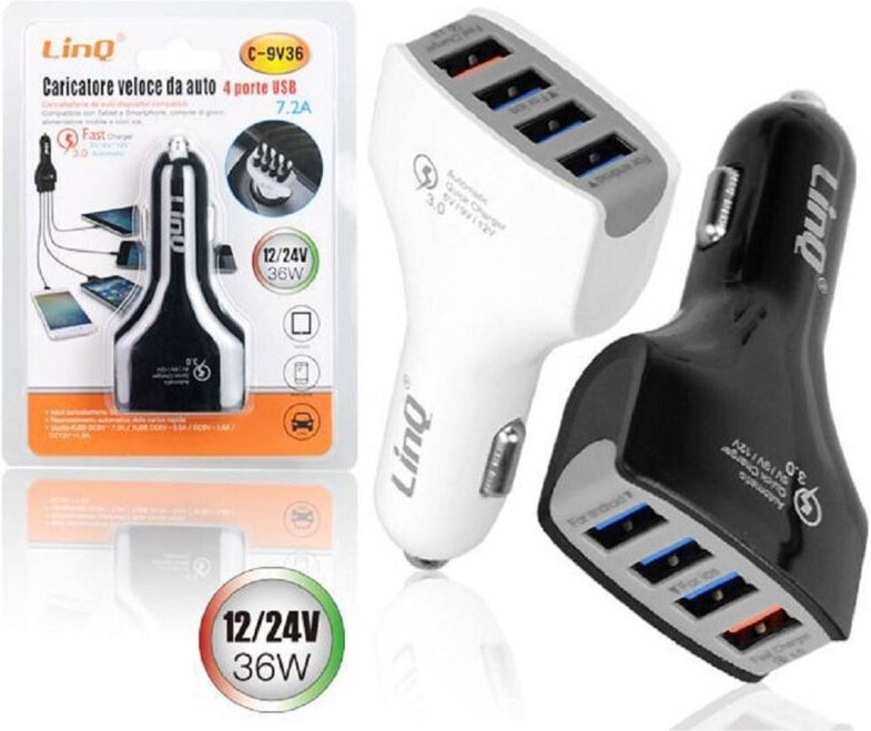 Trade Shop Traesio - Trade Shop - caricabatterien nach car ricarica veloce 4 porte usb 5V 9V 12V 24V 7,2A 36W C-9V36 -