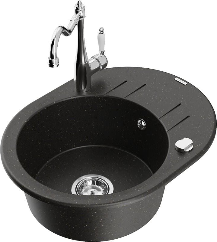 Kevin 1 Becken-Granitspüle mit Abtropffl√§che und Mischbatterie Carla, Schwarz/Gold metallisch - 6517-75-670700-00 - Mex...