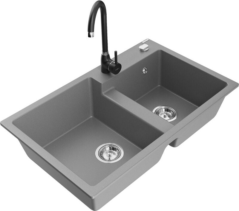 Tomas 2-Becken-Granitspüle mit Mischbatterie Telma, Grau - 6516-71-670200-70 - Mexen