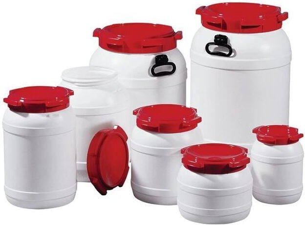 Weithalsfass 3,6 l PE weiß mit rotem Deckel ohne Tragegriffe Einfüllöffnung-Ø 137 mm