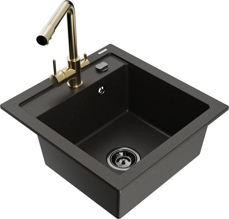 Vito 1-Becken-Granit-Spüle mit Mischbatterie Duero, Schwarz/Gold metallisch - 6503-75-671600-5 - Mexen