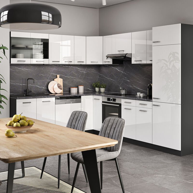 Vicco - Eckküche R-Line, Weiß Hochglanz/Anthrazit, 227 x 287 cm ohne Arbeitsplatte