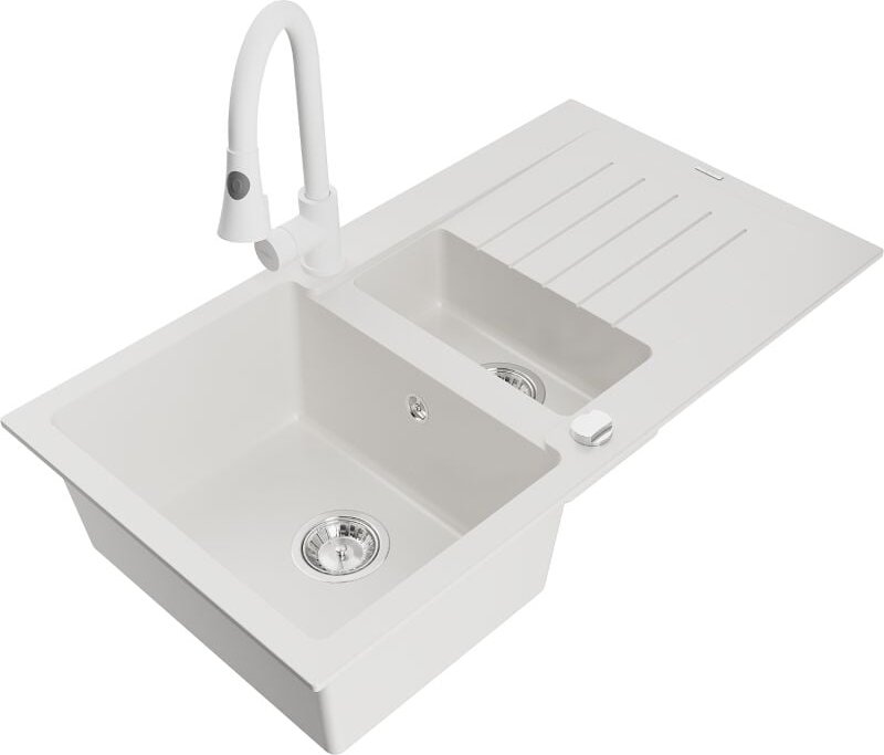 Matias 1,5-Becken-Granitspüle mit Abtropffl√§che und Mischbatterie Elia, Wei√ü - 6502-20-670101-20 - Mexen