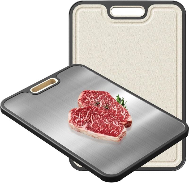 Thumbnail - Tigrezy - Doppelseitiges Schneidebrett, lebensmittelechter Edelstahl mit Griff, geeignet für Küchenfleisch, Obst und Gem...