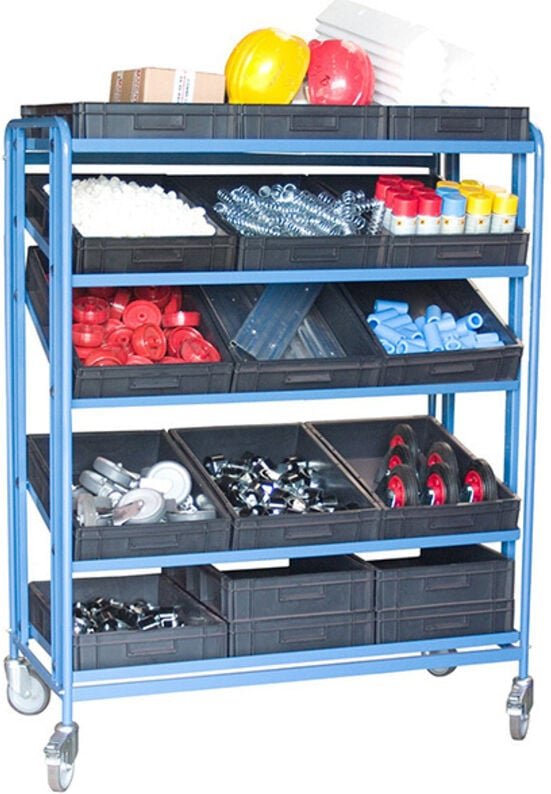 Transportwagen mit Behältern und schwenkbarer Platte 1225 x 610 mm – 15 Behälter 600 x 400 x 120 mm - 880006503