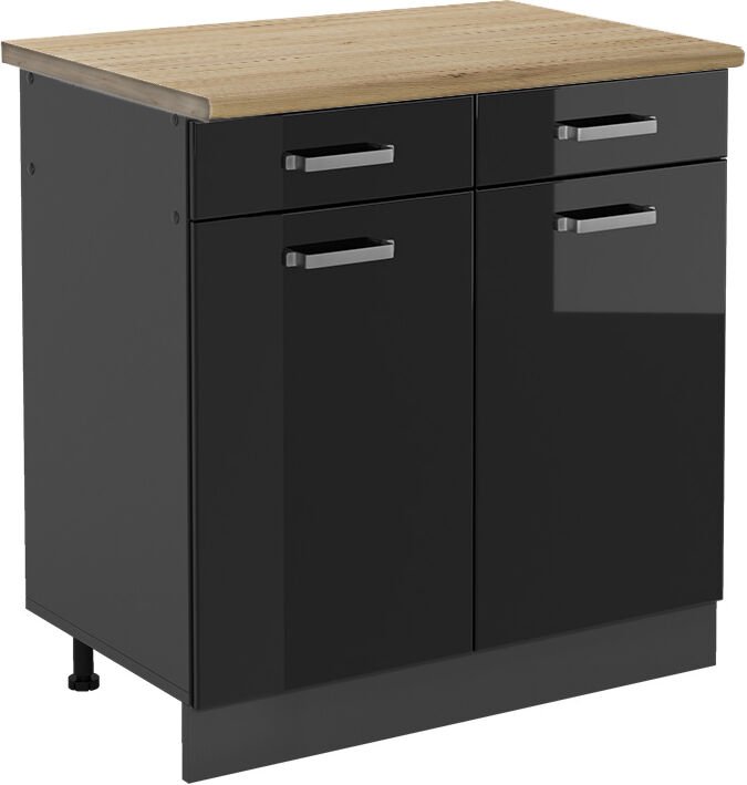 Vicco - Küchenunterschrank R-Line, Schwarz Hochglanz, 80 cm , ap Eiche