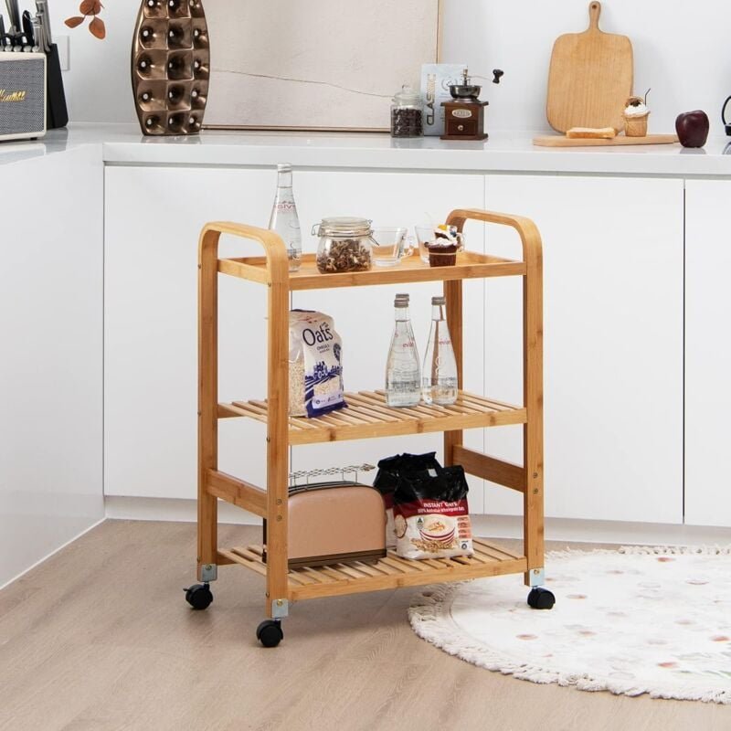 Bambus-Küchenwagen mit Abnehmbaren Raedern , 3-stoeckiger Sevierwagen mit Griff, Multifunktionaler Rollwagen, Feistehend...