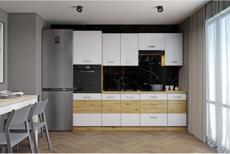 Küchenmöbel- Set Tornos 240 cm mit Hängeschränken Artisan-Eiche Weiß glänzend - Furnix