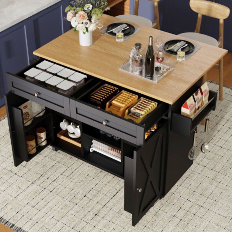 Küchenwagen mit Holzmaserung und Snack-Ablagen, Schwarz, 134 x 45 x 89 cm