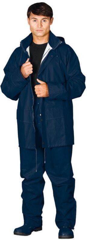 Regenschutzkleidung blau aus Polyurethan, Set aus Hose und Jacke mit Kapuze M