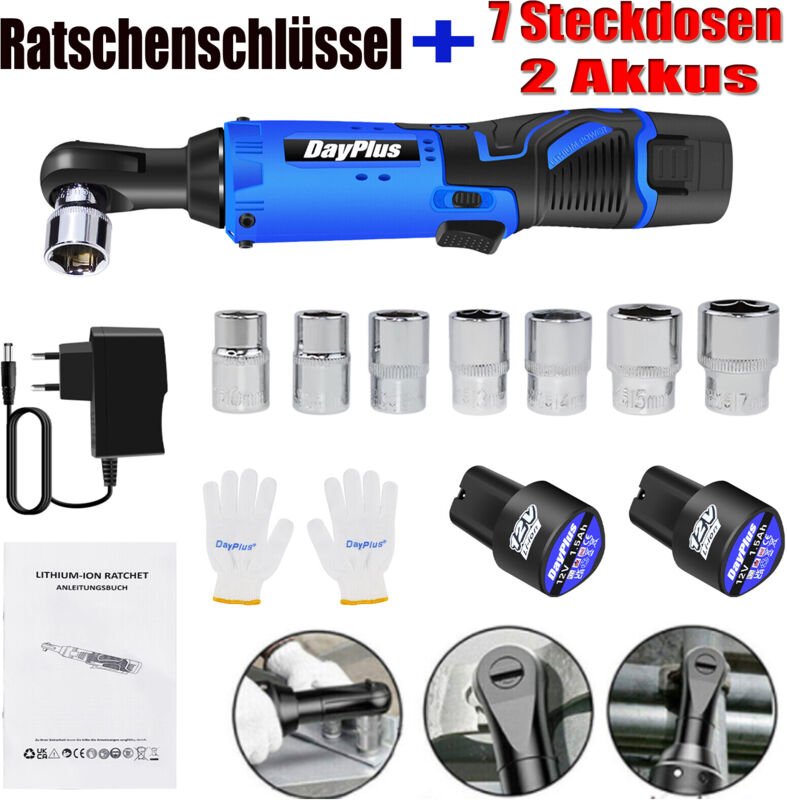 Dayplus - Ratschenschrauber 12V 3/8' Elektro Ratschenschlüssel mit 2Akku & Ladegerät