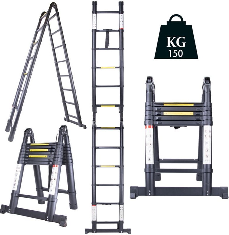 4.4M(2.2+2.2) Teleskopierbare Ausziehleiter, Schwarze Teleskopierbare A-Frame-Leiter mit Beweglichem Rad, Edelstahl-Klap...