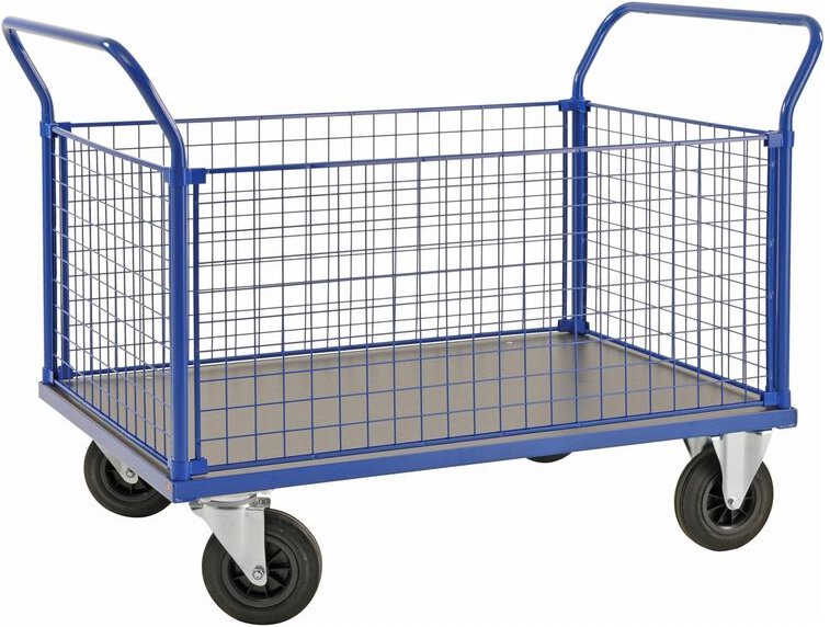 Kongamek Kastenwagen in blau 1366x800x1020mm mit MDF-Platte und 4 Gitterwänden mit Gummibereifung ohne Bremse