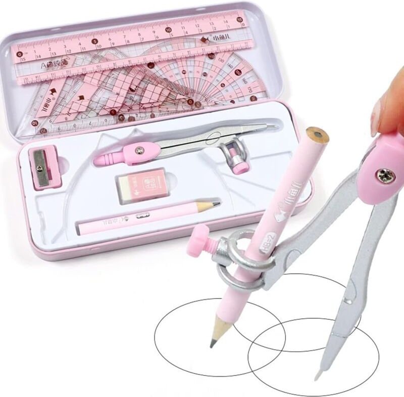 Professioneller Kompass, Zirkel, Zirkel-Set mit Lineal, Winkelmesser, Radiergummi (Rosa)