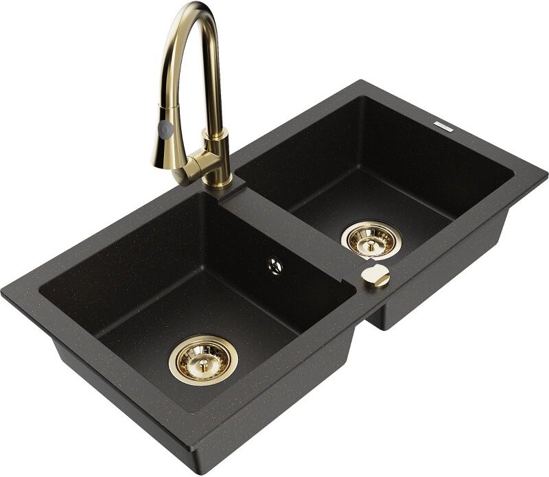 Mario 2-Becken-Granitspüle mit Mischbatterie Elia, Schwarz/Gold metallisch - 6504-75-670101-50 - Mexen