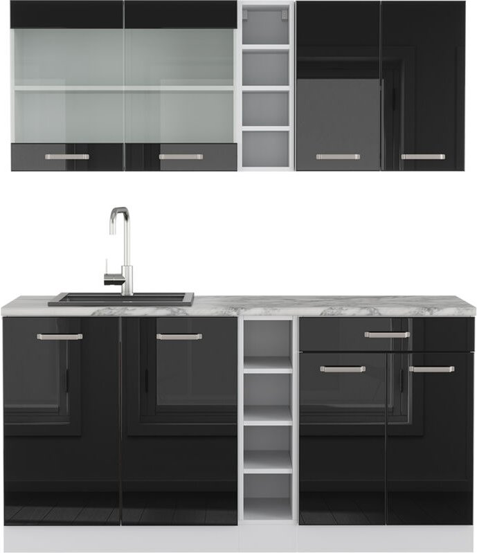 Vicco - Mini-Küche R-Line, Schwarz Hochglanz, 160 cm , ap Marmor