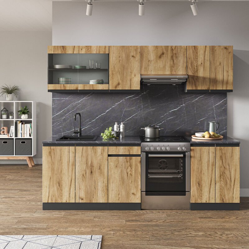 Vicco - Küchenzeile Raul, Goldkraft Eiche, 240 cm J-Shape, ohne Arbeitsplatte