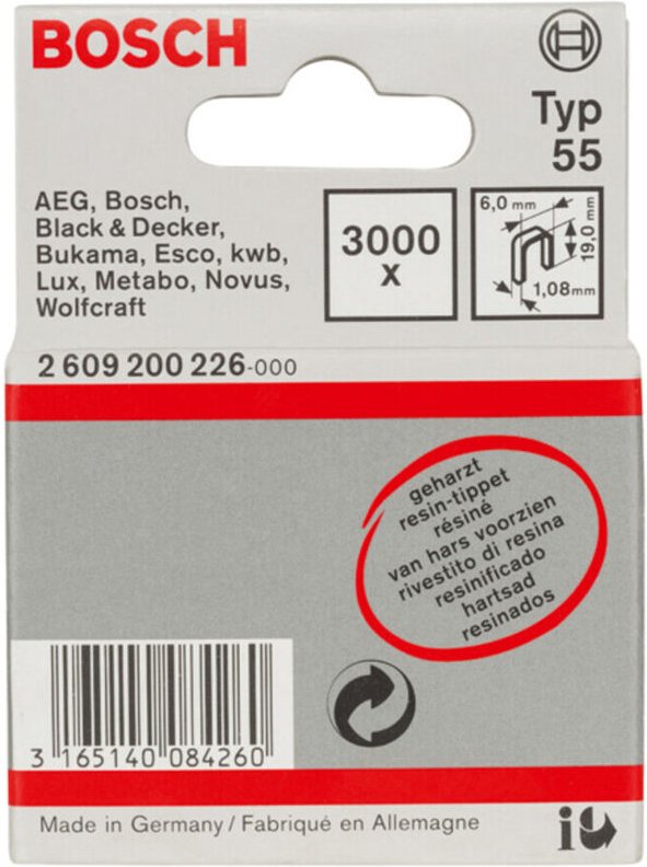 Schmalrückenklammer Typ 55 geharzt, 19, 3000er-Pack, für Druckluftnagler/Drucklufthefter - Bosch