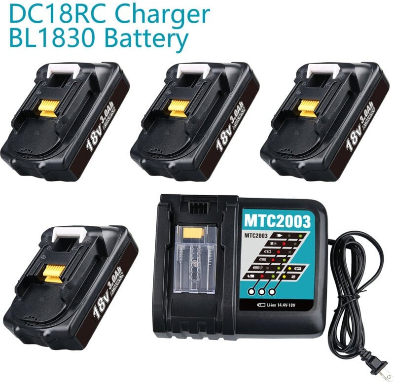 Thumbnail - 3,0 Ah 18 V Akku (4er-Pack) und 3 A Ladegerät DC18RC Ersatz, kompatibel mit Makita 18 V Lithium-Ionen-Akkus BL1860 BL185...