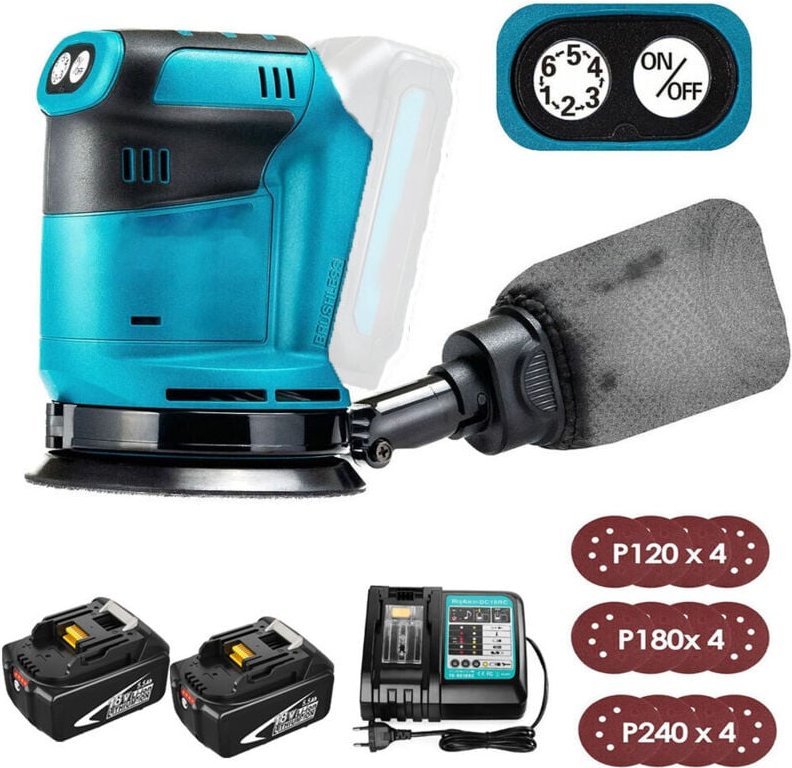 125-mm-Akku-Elektro-Exzenterschleifer, bürstenlos, 6 Geschwindigkeiten, schnell anzubringender Staubbeutel und 12 Scheib...