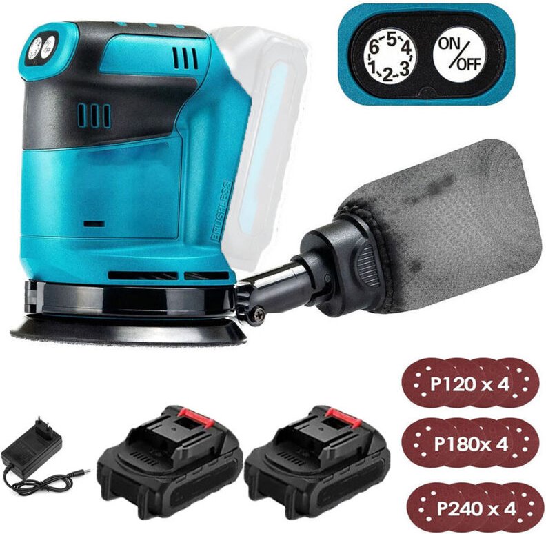 125-mm-Akku-Elektro-Exzenterschleifer, bürstenlos, 6 Geschwindigkeiten, schnell anzubringender Staubbeutel und 12 Scheib...