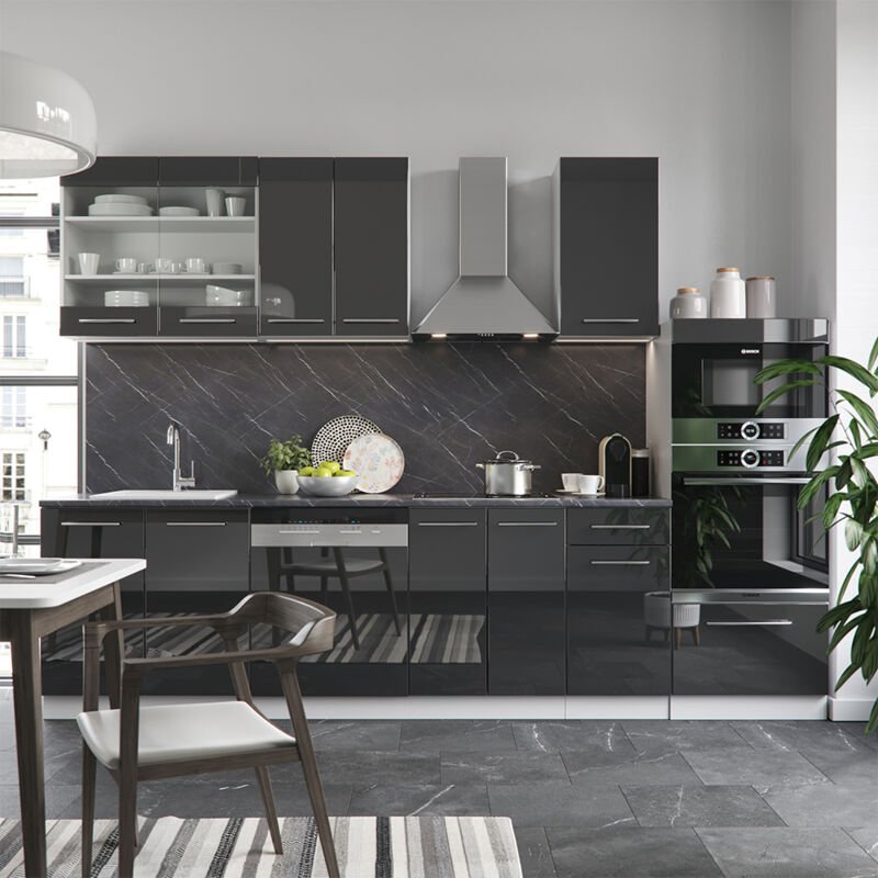 Vicco - Küchenzeile Fame-Line, Anthrazit Hochglanz/Weiß, 300 cm mit Hochschrank, ap Anthrazit