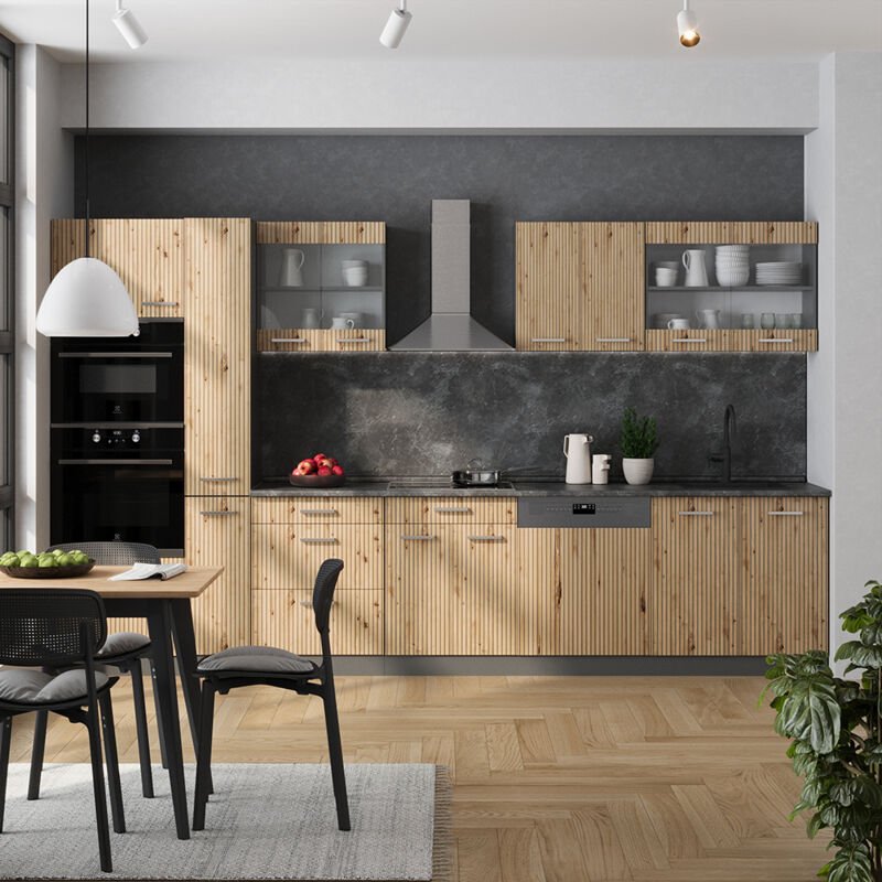 Küche R-Line, Artisan Eiche/Anthrazit, 350 cm mit Hochschrank, AP Marmor, Vicco