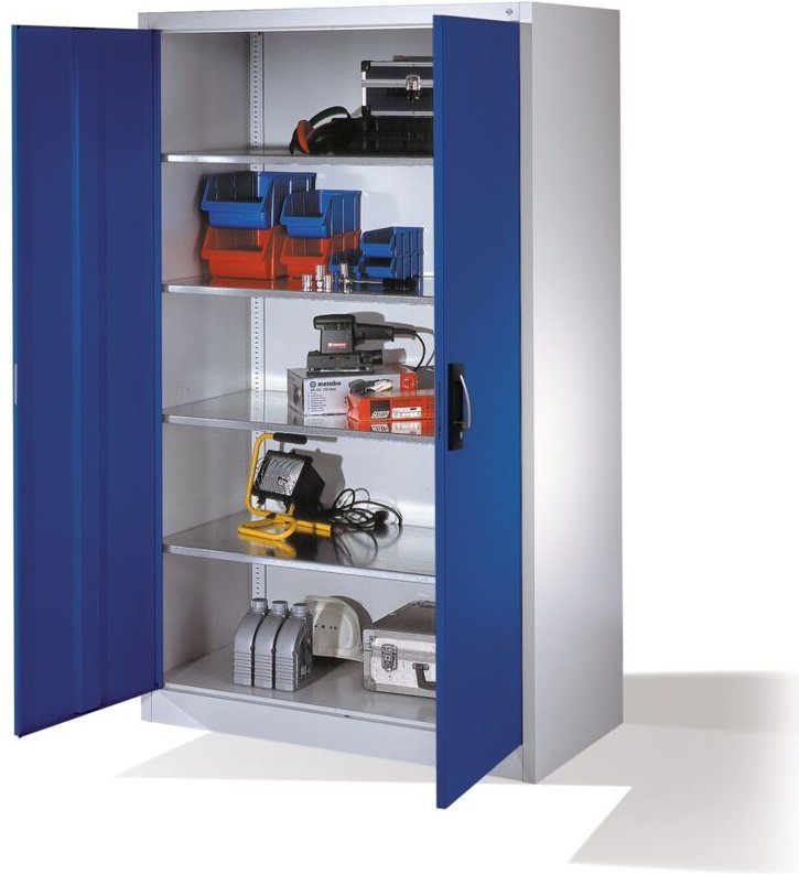 C+P Werkzeugschrank mit Drehtüren, innen 4 Böden, H1950xB1200xT600mm Front Enzianblau Korpus Lichtgrau