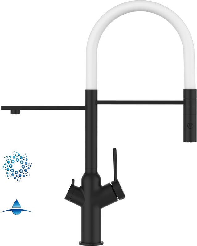 Thumbnail - 4 Wege Wasserhahn Kueche Spueltischarmatur Schwarz Matt Kuechenarmatur mit Weiss 360 schwenkbarem Auslauf und abnehmbare...