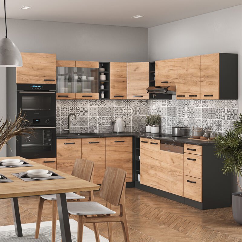 Vicco - Eckküche R-Line, Goldkraft Eiche/Anthrazit, 237 x 60 cm ohne Arbeitsplatte