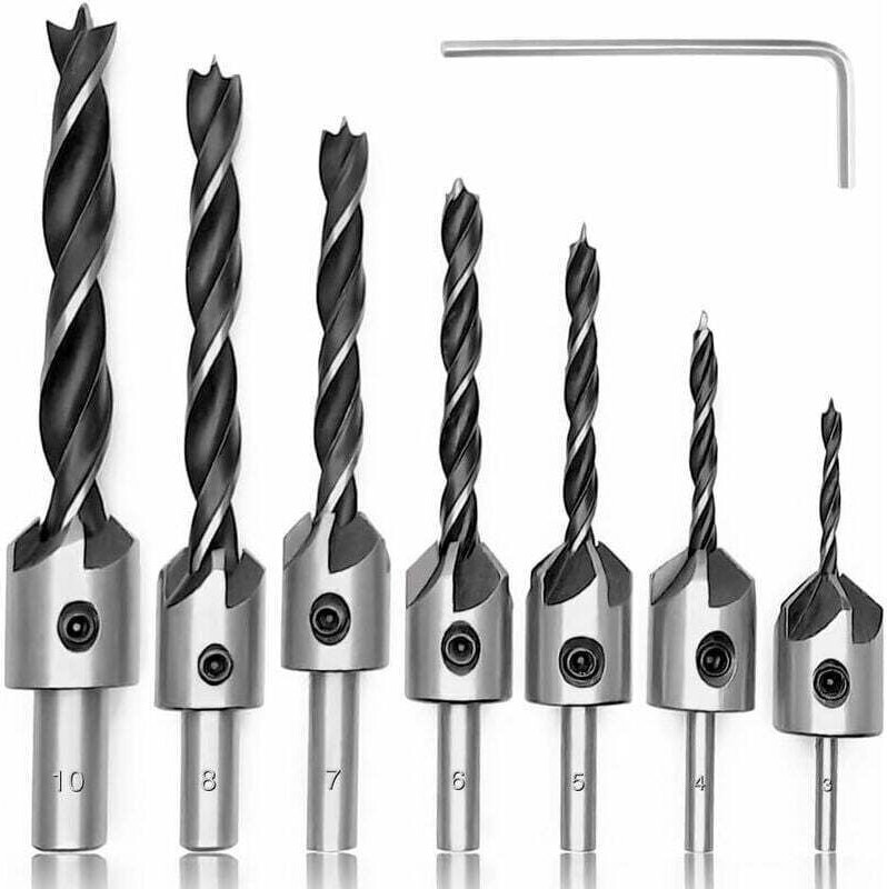 Sonstiges Zimmermannswerkzeug, 7-teiliger Holzbohrer mit Senker, HSS-Stahl-Senker mit Sechskantschlüssel, Holz-Senkerwer...