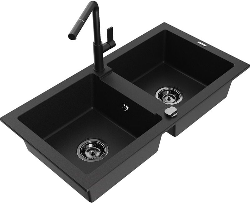 Mario 2-Becken-Granitspüle mit Mischbatterie Flora, Schwarz - 6504-77-670401-70-B - Mexen