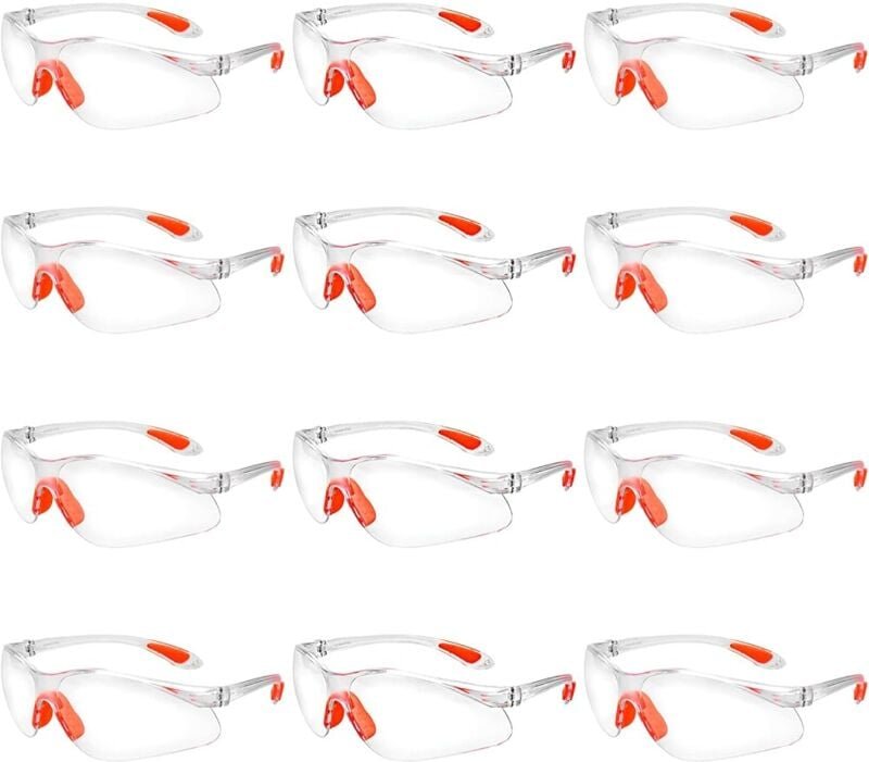 12 Stück Schutzbrillen zum Überziehen, klare Schutzbrillen mit Kunststoffgläsern, Nasensteg und Bügelenden aus Gummi für...