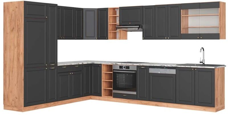 Vicco - Küchenschränke Fame-Line, Anthrazit Landhaus/Goldkraft Eiche, 347 x 257 cm , ap Marmor